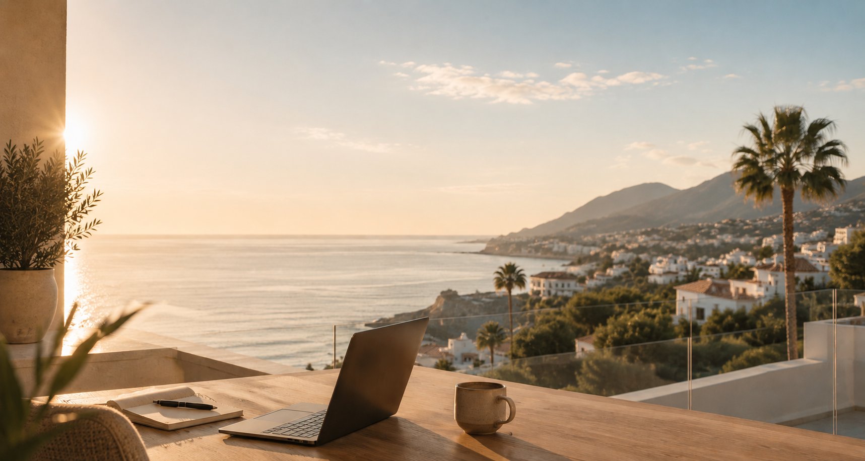 Laptop på en solig terrass med utsikt över havet och kusten i Spanien