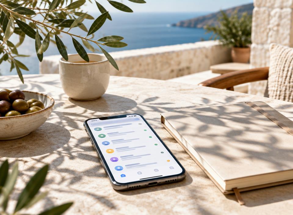 Telefon och anteckningsbok på en terrass vid havet